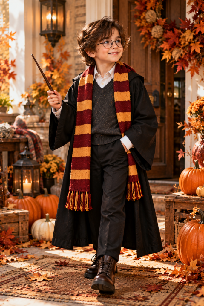 Child wearing a comfortable wizard-school-inspired Halloween costume