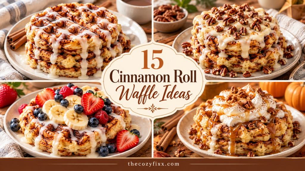 A collage of four cinnamon roll waffles topped with white icing, chopped pecans, fresh berries, banana slices, and whipped cream.