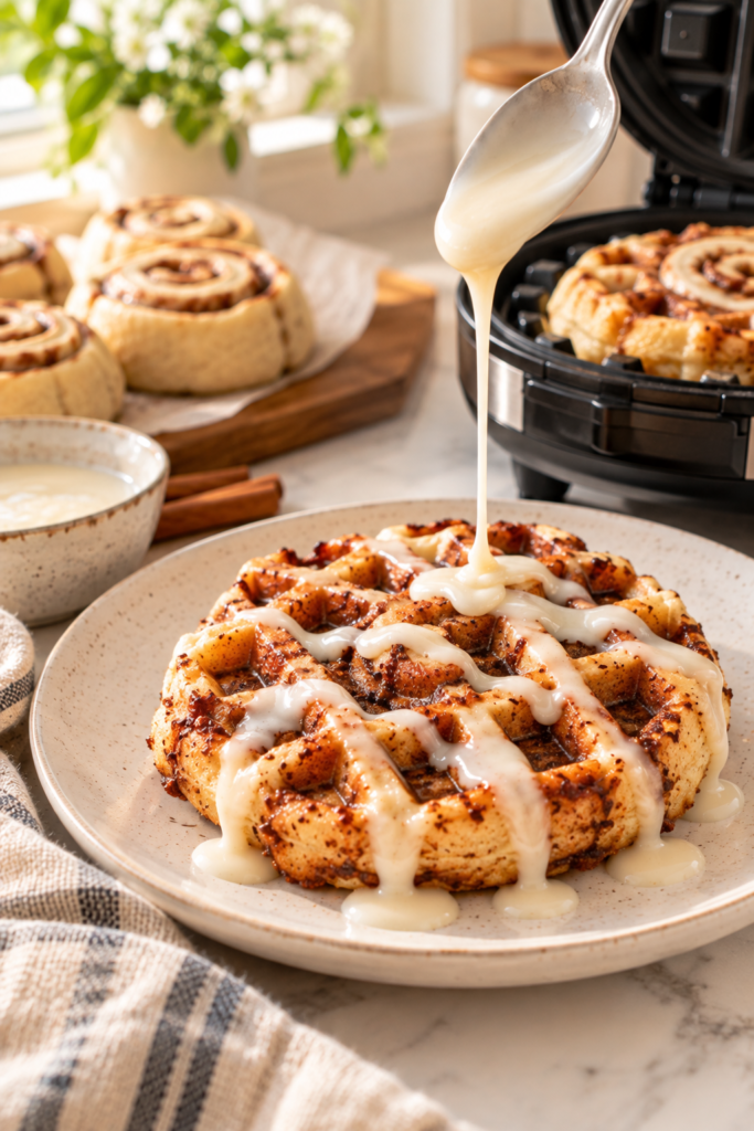 A cinnamon roll waffle on a speckled plate with white icing being drizzled from a spoon, with a waffle iron and fresh rolls in the background.