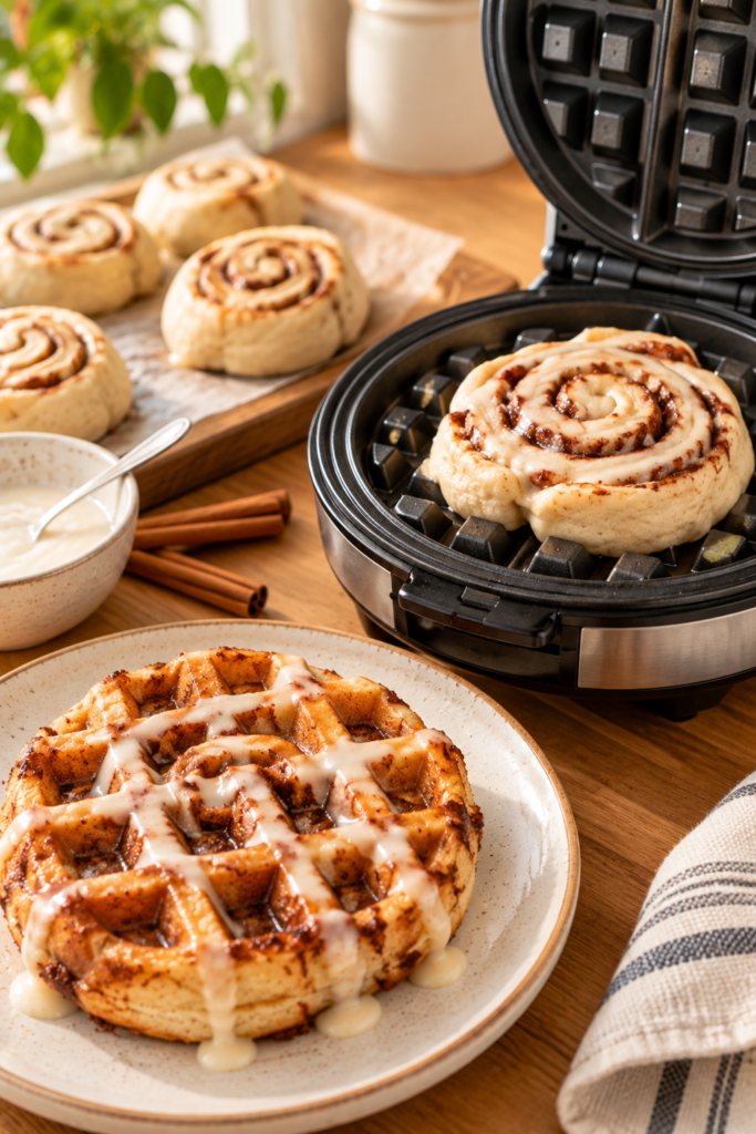 A cinnamon roll waffle drizzled with white icing sits on a ceramic plate, with a waffle iron and fresh cinnamon rolls in the background.