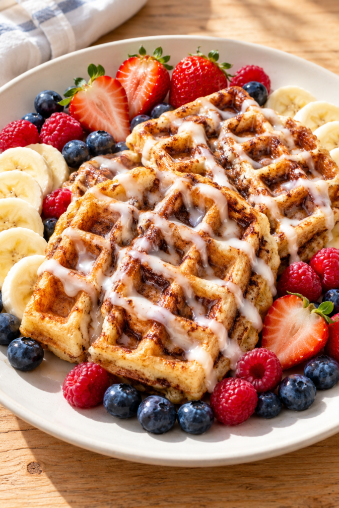 A plate of cinnamon roll waffles topped with white icing, surrounded by sliced strawberries, raspberries, blueberries, and banana slices on a wooden table.