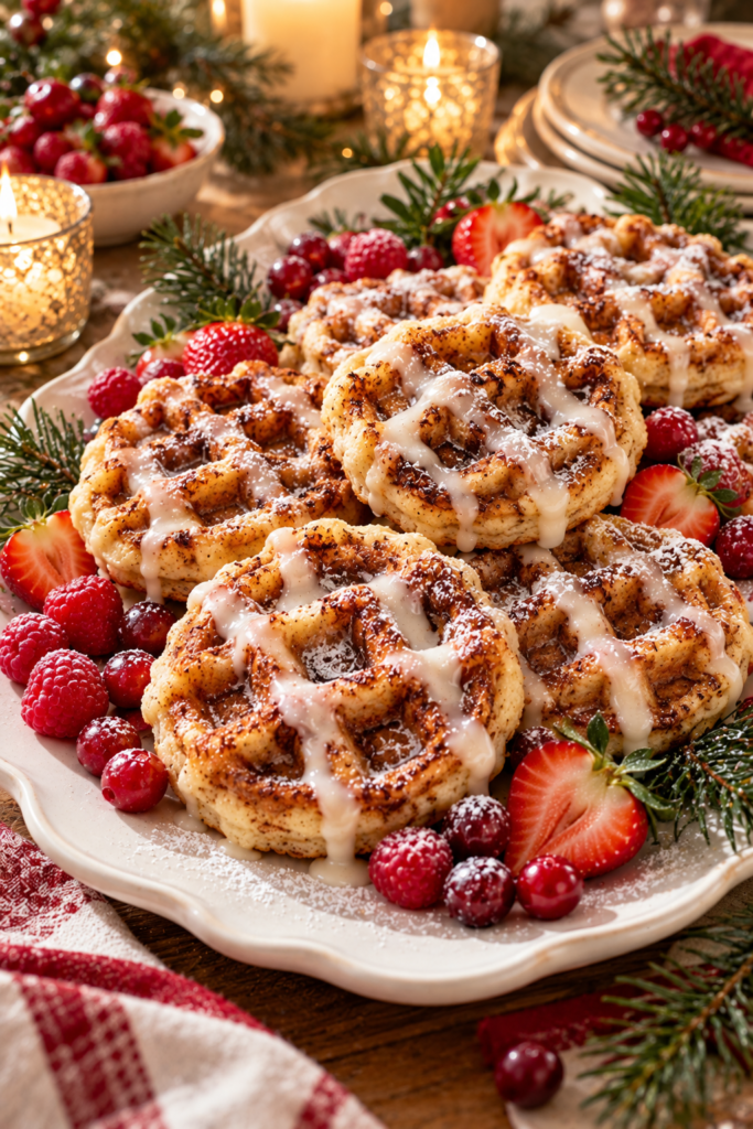 A plate of cinnamon roll waffles topped with white icing and powdered sugar, served with fresh strawberries, raspberries, and cranberries alongside evergreen sprigs.