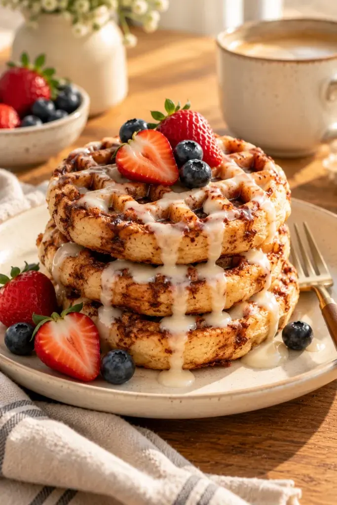 A stack of cinnamon roll waffles topped with white icing, fresh strawberries, and blueberries, served on a ceramic plate next to a cup of coffee.