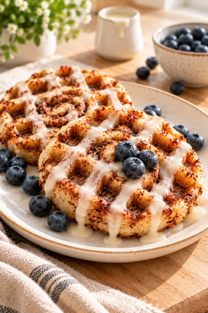 Two cinnamon roll waffles topped with white glaze and fresh blueberries on a ceramic plate, with a bowl of berries and a small pitcher in the background.