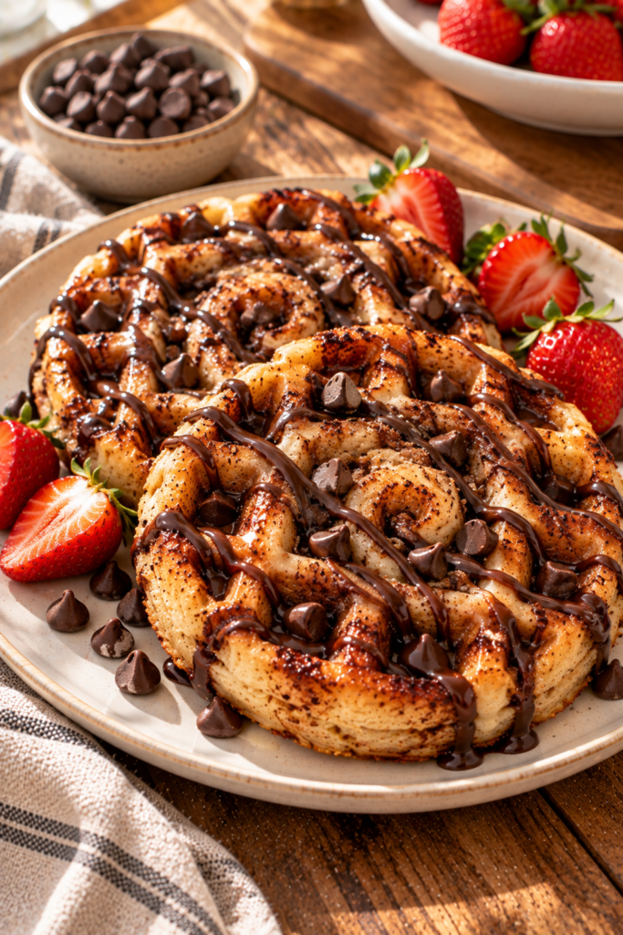 A plate of cinnamon roll waffles topped with chocolate chips and drizzled chocolate sauce, served with fresh strawberries on a wooden table.