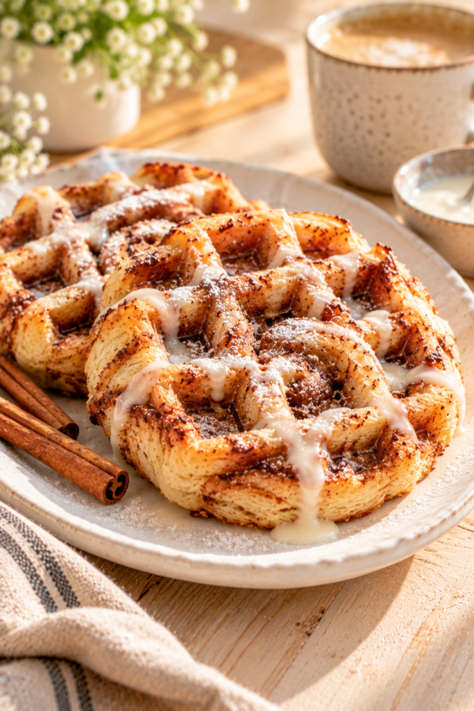 A plate of golden-brown cinnamon roll waffles topped with white icing and powdered sugar, served with cinnamon sticks on a wooden table.