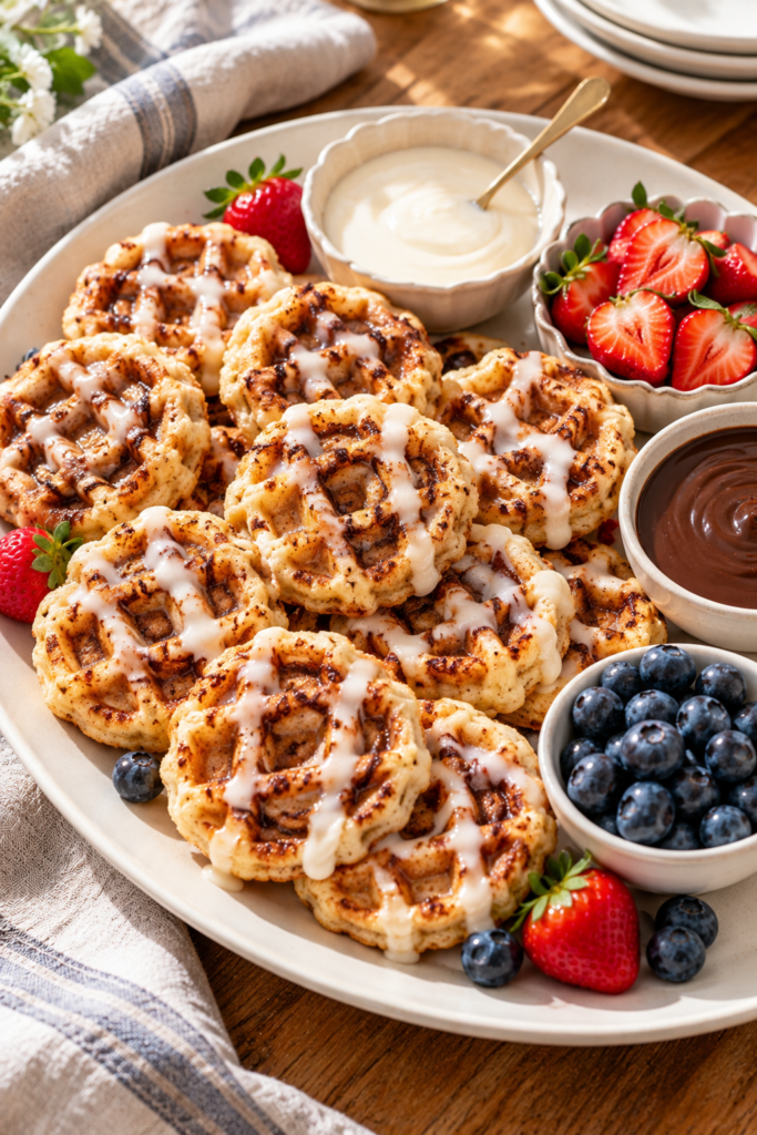 A plate of cinnamon roll waffles drizzled with white icing, served with bowls of sliced strawberries, blueberries, and chocolate sauce on a wooden table.