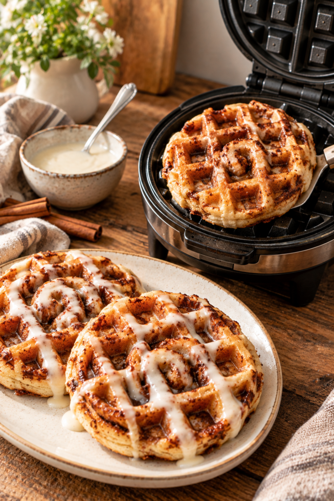 Cinnamon roll waffles with white icing on a plate, next to a waffle maker and a bowl of glaze on a wooden table.