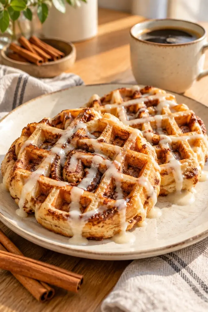 A stack of cinnamon roll waffles drizzled with white icing on a ceramic plate, accompanied by cinnamon sticks and a cup of coffee on a wooden table.
