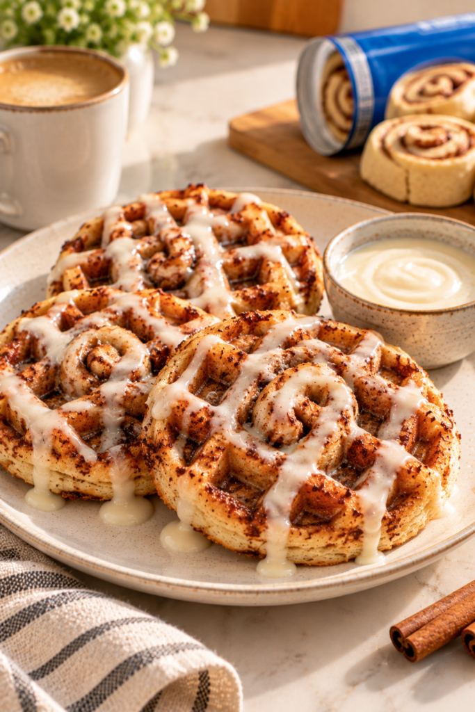 A plate of cinnamon roll waffles drizzled with white icing, served with a small bowl of cream and a cup of coffee on a marble table.
