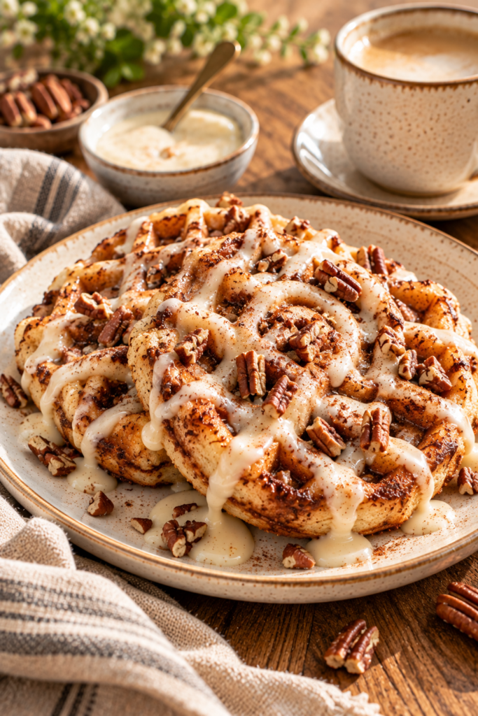 A plate of cinnamon roll waffles topped with white icing and chopped pecans, served on a wooden table next to a cup of coffee and a small bowl of extra nuts.