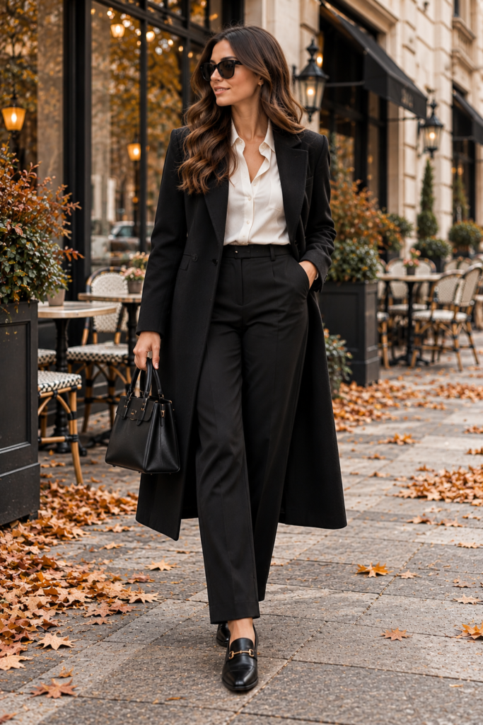 Classy white blouse and black tailored trousers with a long coat.