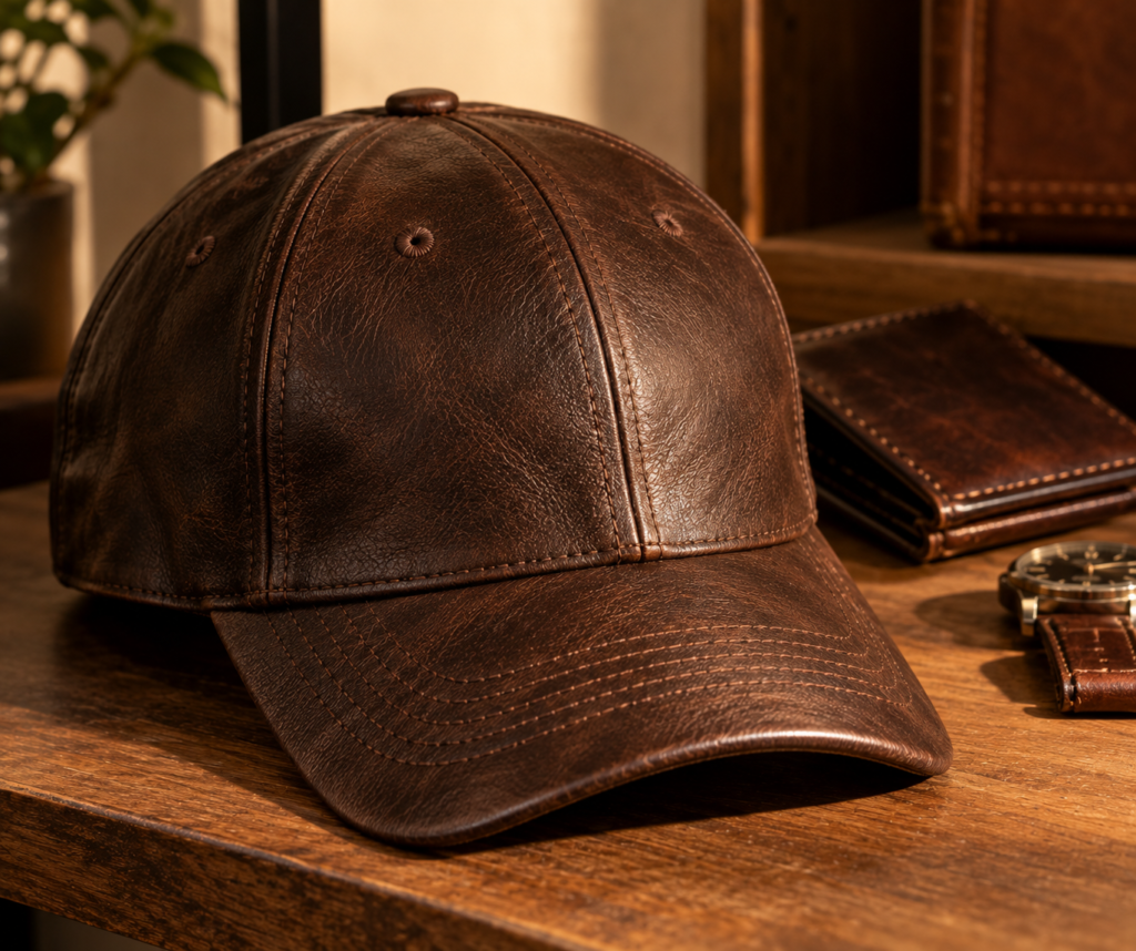 Dark brown leather baseball cap with curved brim on a wooden shelf