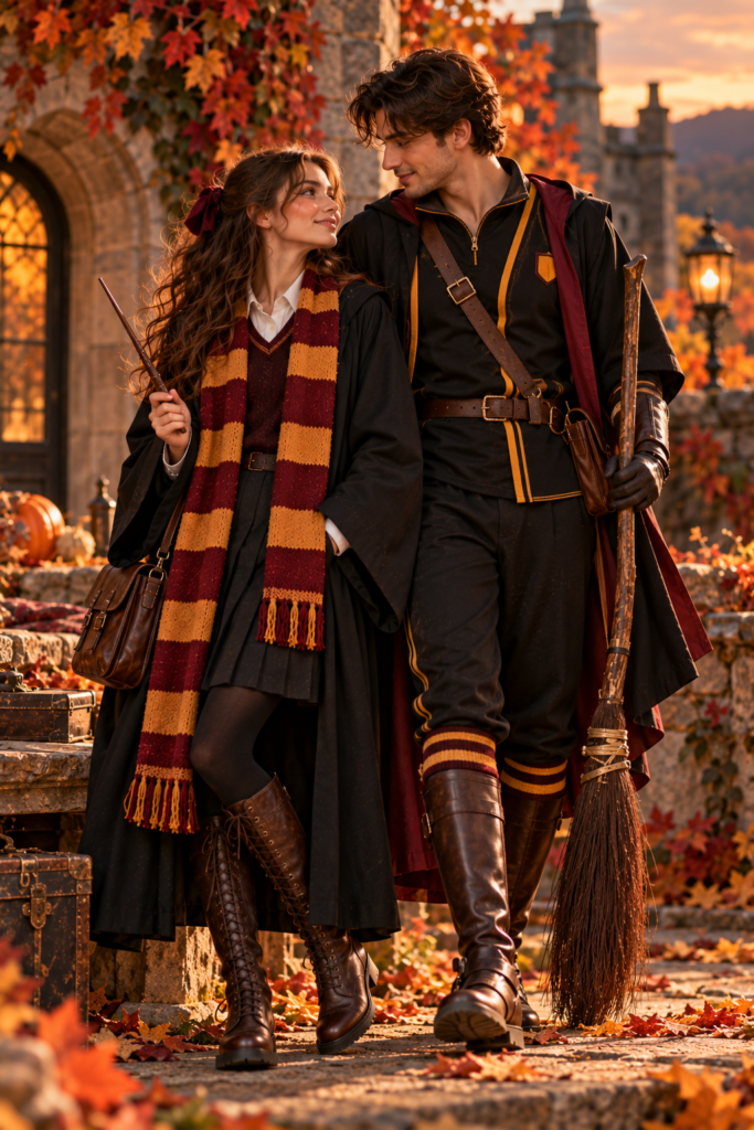 Coordinated couple wearing original wizard-school-inspired Halloween costumes