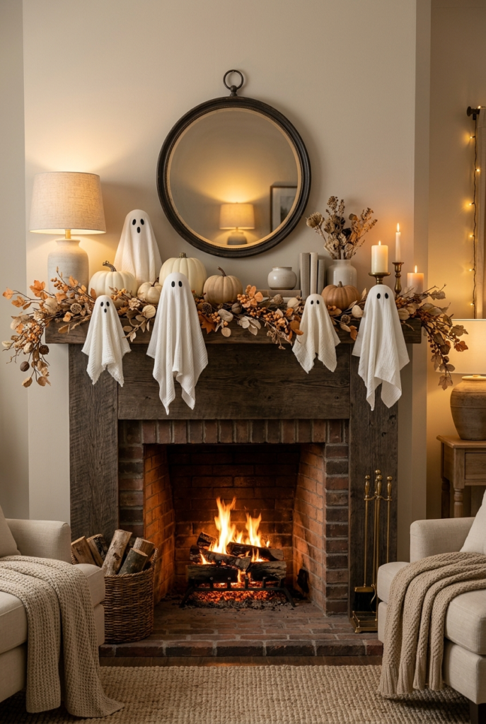 A rustic brick fireplace with a lit fire, decorated with white ghost figures, pumpkins, and dried foliage on the mantel.