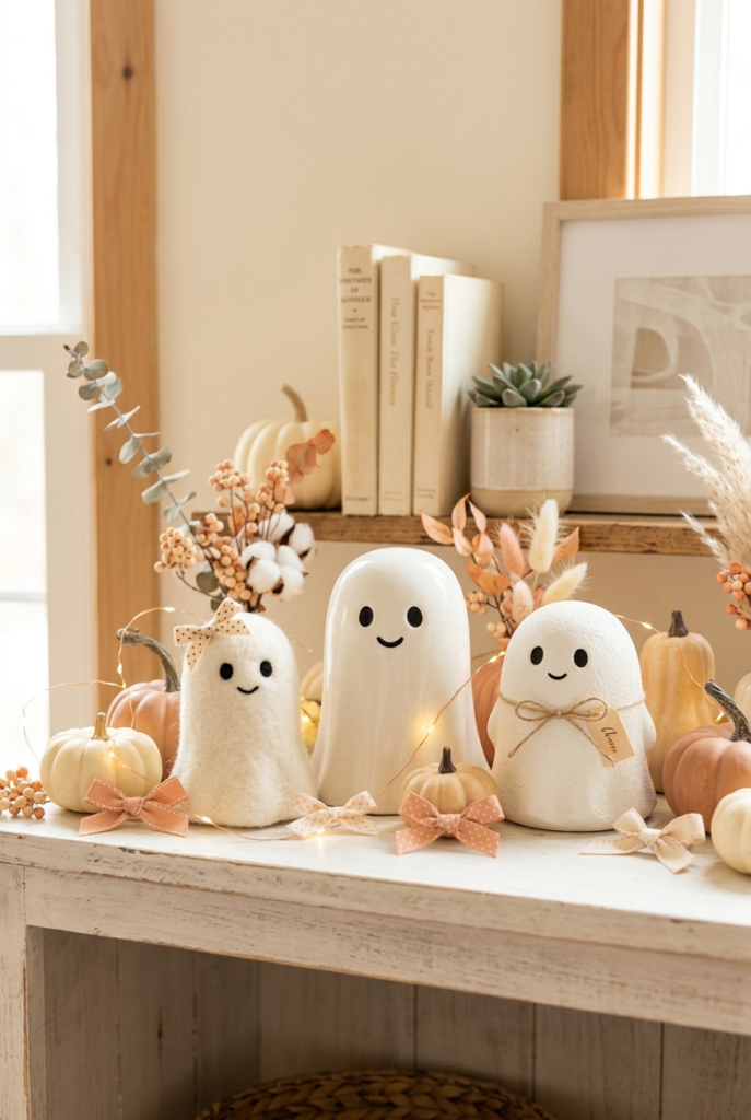 Three white felt ghost figures with simple faces and bows sit on a wooden shelf alongside small pumpkins, dried flowers, and string lights.