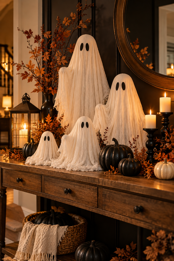 White fabric ghosts with black eyes sit on a wooden console table alongside black pumpkins, lit candles, and dried autumn branches.