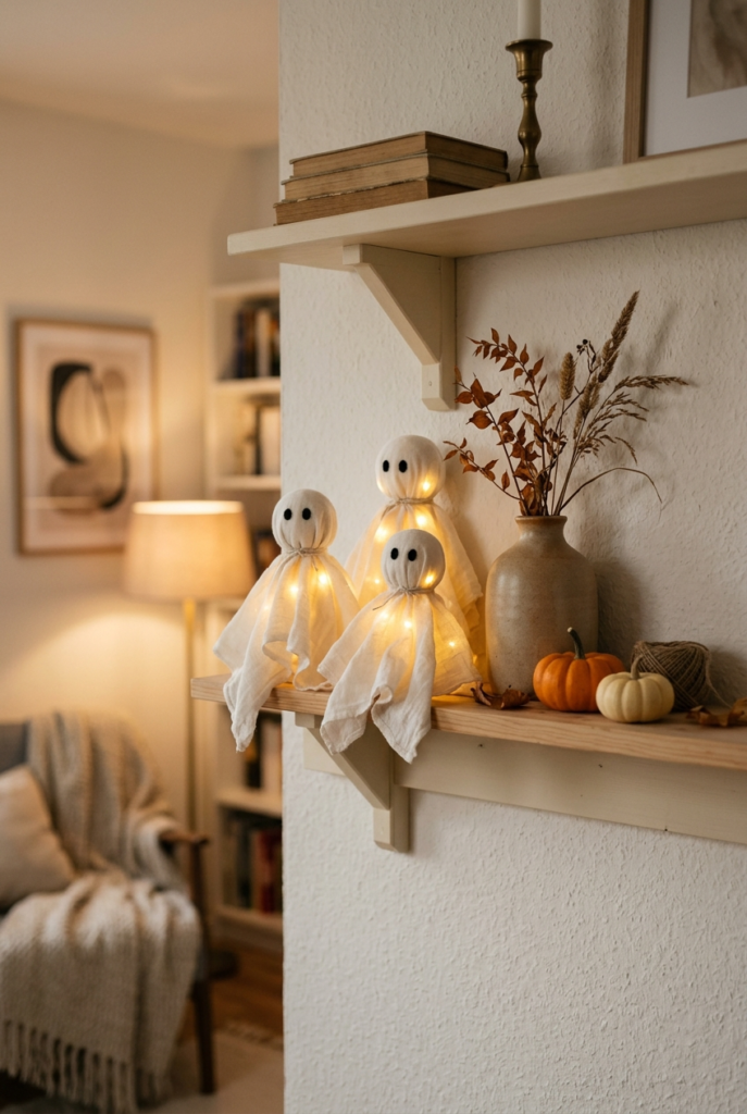 Three small fabric ghosts with string lights inside sit on a wooden shelf next to a vase of dried flowers and two small pumpkins.