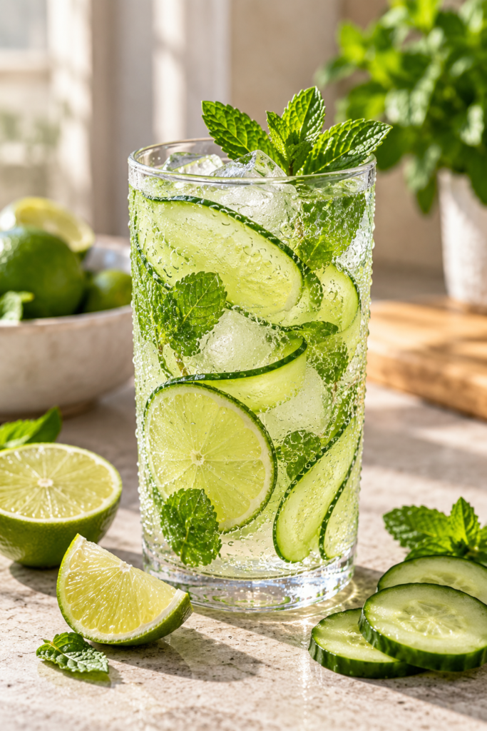 A tall glass of clear water filled with ice, cucumber slices, lime wedges, and fresh mint leaves, sitting on a light stone countertop next to a bowl of whole limes.