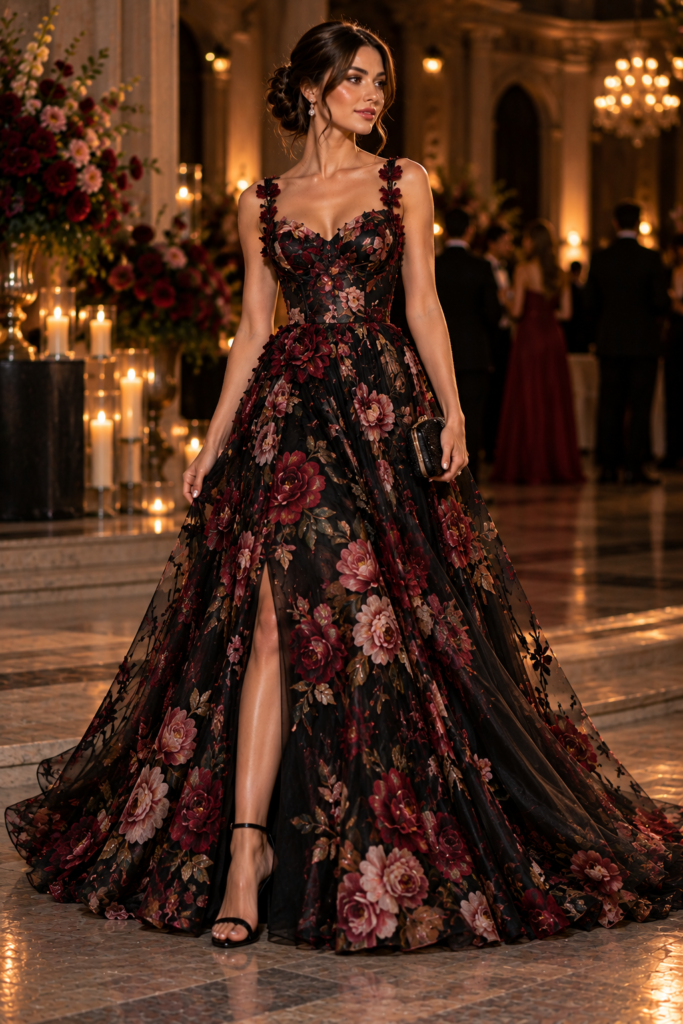 Dark floral evening gown with burgundy and pink flowers on black fabric.