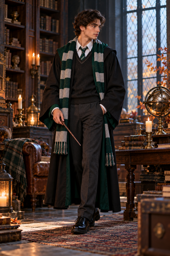 Dark green and silver wizard-school student costume with wand