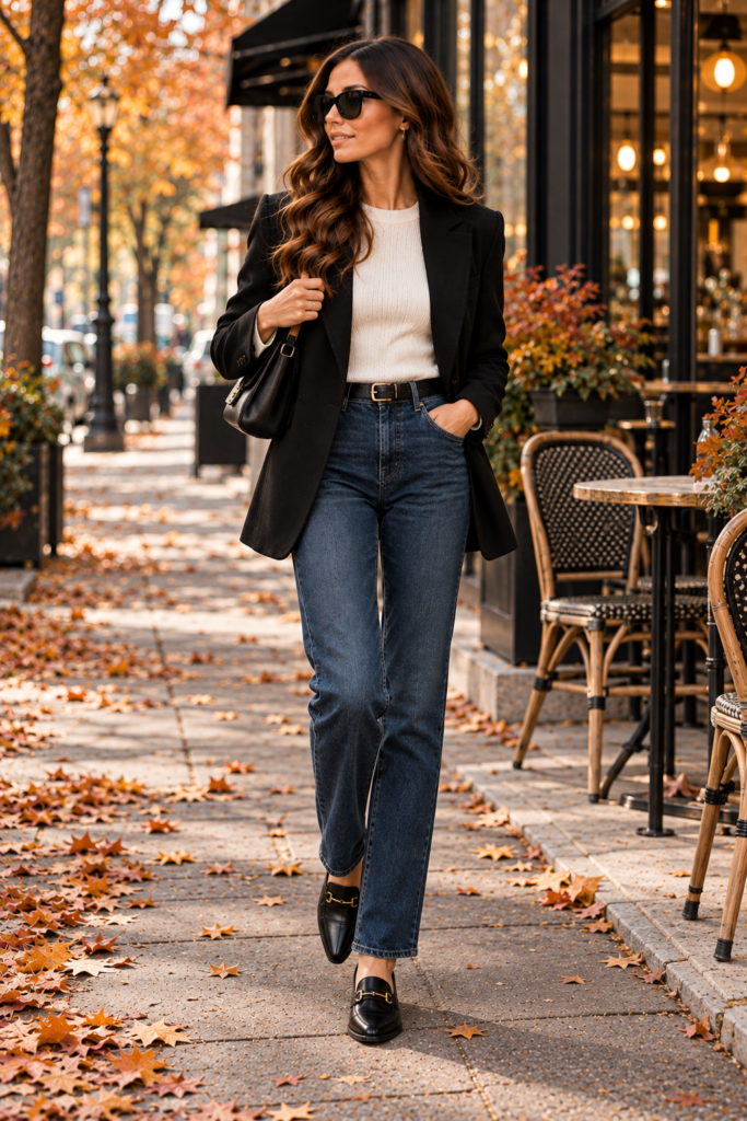 Dark jeans styled with a white knit top and black blazer.