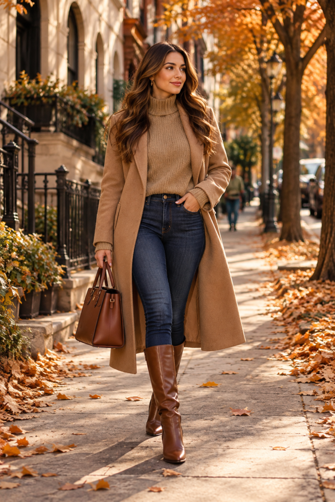 Dark wash skinny jeans with a camel sweater, wool coat, and boots.