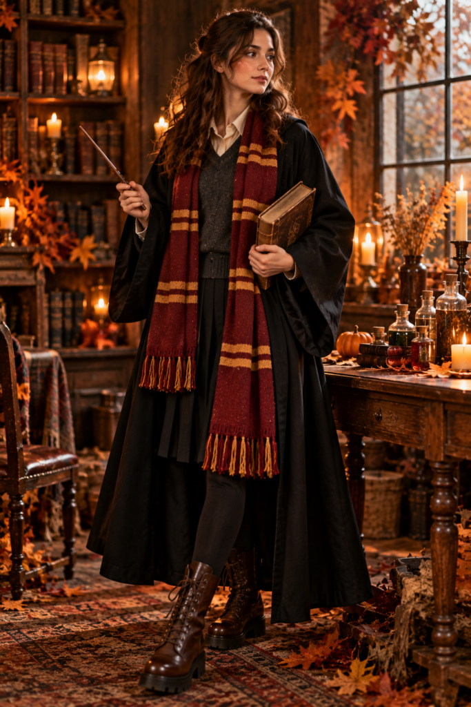 Dark wizard-inspired Halloween outfit with robe, wand, book, and autumn props