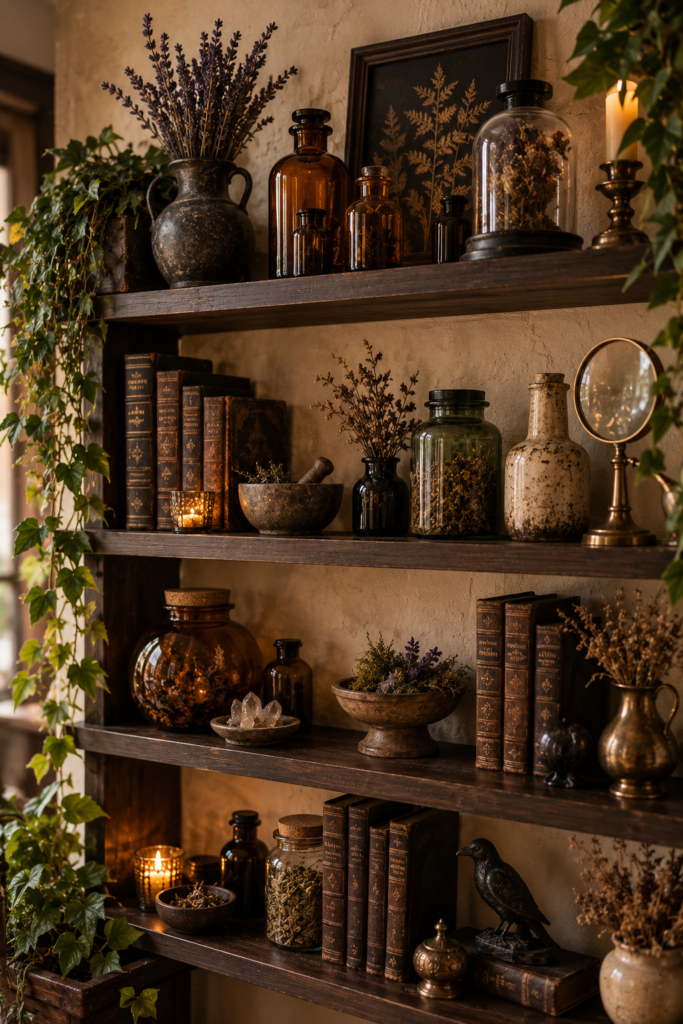 Dark wood apothecary shelf with amber bottles, herbs, books, and vintage decor