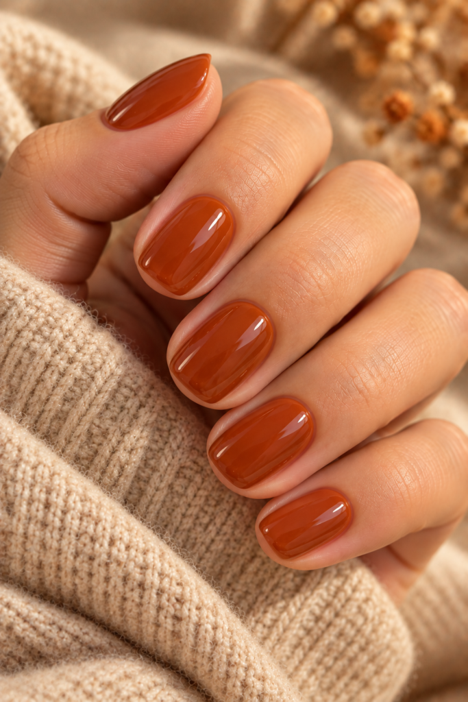 Deep burnt orange glossy nails