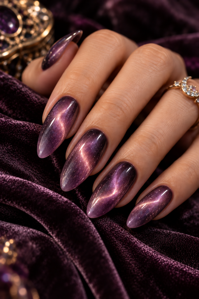 A close-up of long, almond-shaped nails painted with a deep purple aura polish featuring a glowing pink center and fine glitter, resting on dark purple velvet.