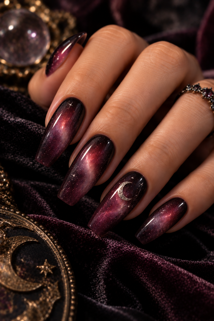 Long almond-shaped nails with a deep purple and black galaxy design, featuring a gold crescent moon and small stars, set against dark velvet fabric.