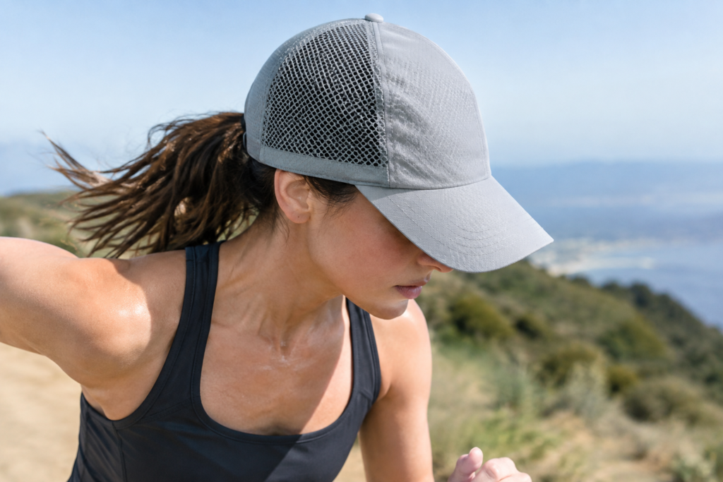 Lightweight gray performance baseball cap with breathable mesh side panels