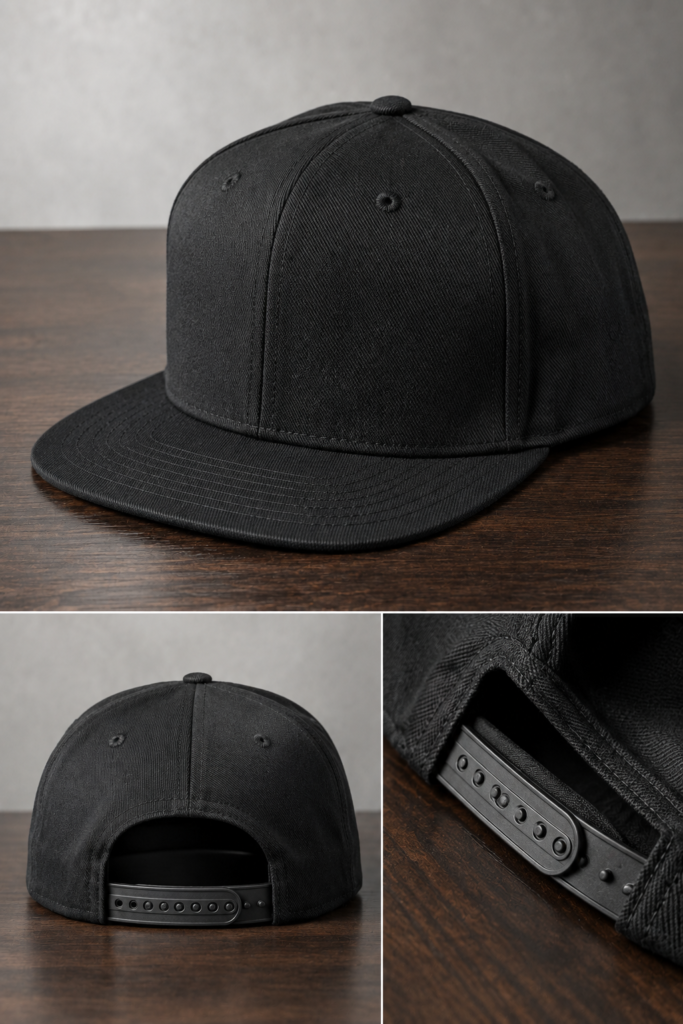 Black snapback cap with flat brim and visible adjustable snap closure