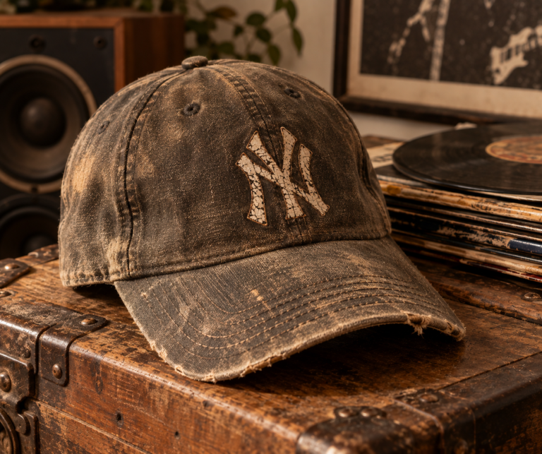 Faded vintage baseball cap with distressed logo resting on an old trunk
