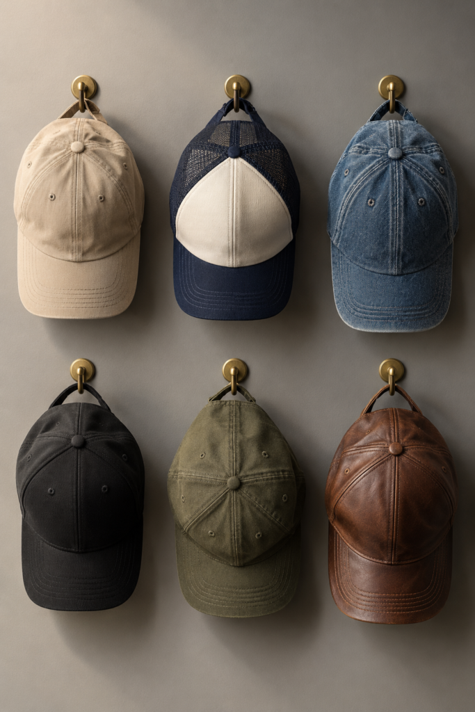 Six different baseball cap styles mounted on a wall showing panel and material variety