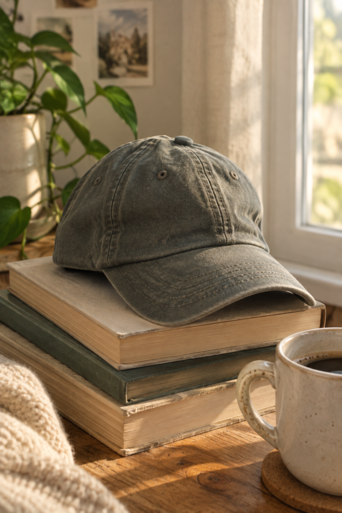 Worn cotton dad hat with curved brim resting beside books and coffee