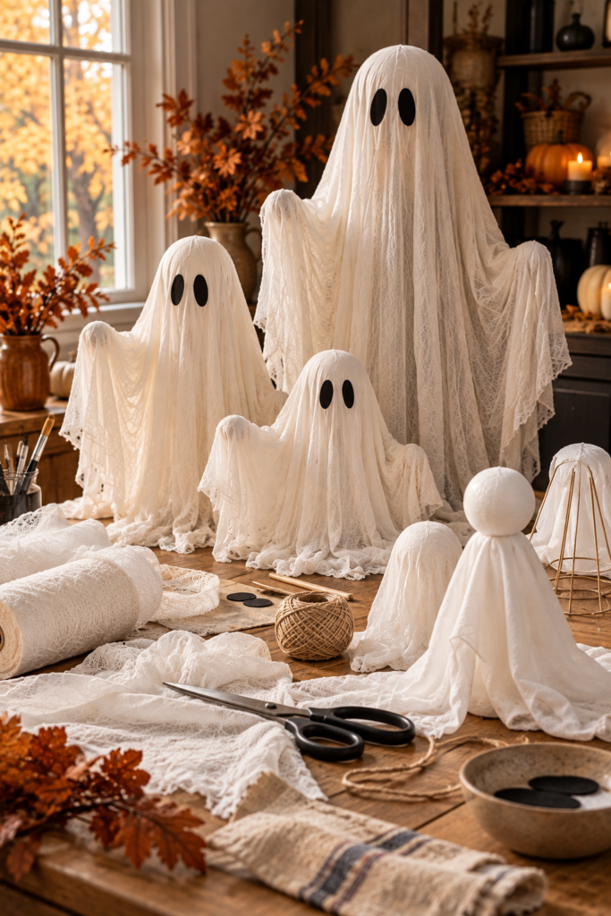 A collection of handmade ghost figures made from white lace fabric and black felt eyes, arranged on a wooden table with scissors, twine, and autumn leaves.