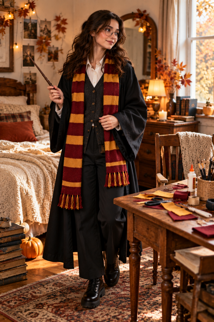 Easy homemade wizard-school costume made from everyday clothing