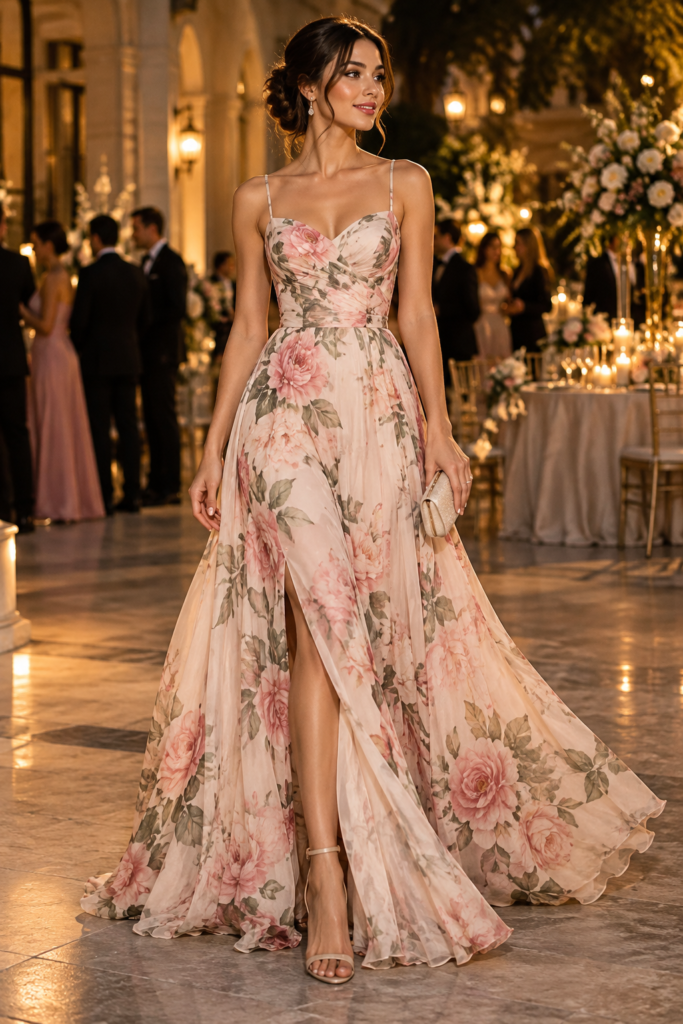 Elegant woman wearing a soft floral evening gown at an evening reception.