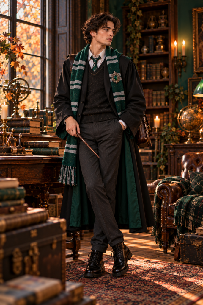 Emerald green and silver magical-school costume with wand