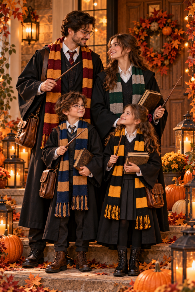 Family wearing coordinated wizard-school-inspired Halloween costumes
