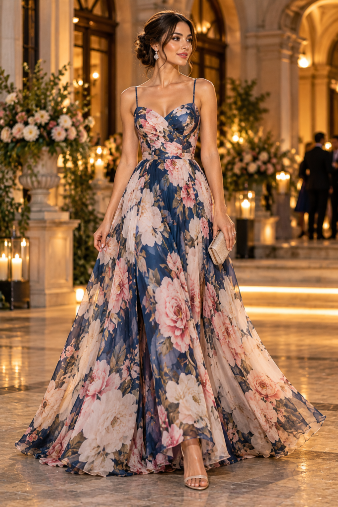 Floor-length floral gown with a flowing skirt and elegant evening styling.