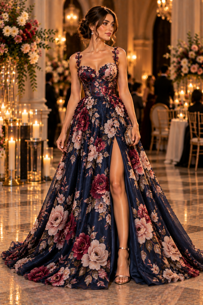 Floral evening gown with a tasteful side slit and flowing satin skirt.