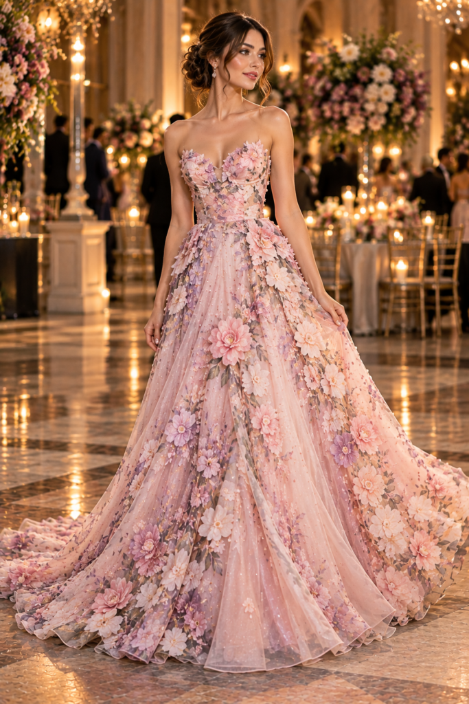 Floral prom gown with dimensional flowers and a flowing formal skirt