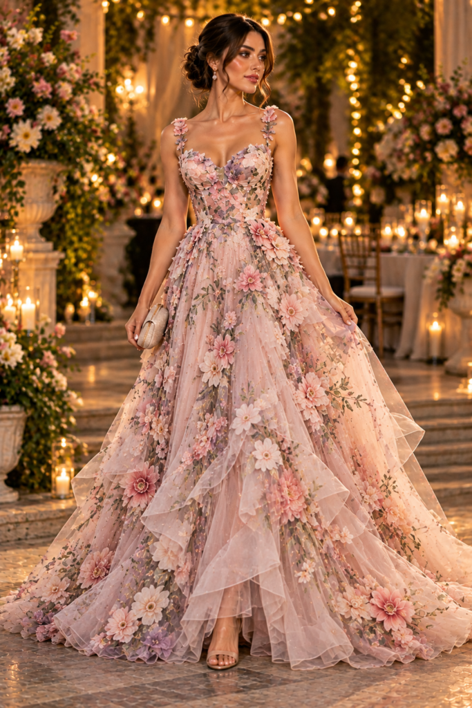  Floral tulle evening gown with soft layered fabric and pastel flowers.