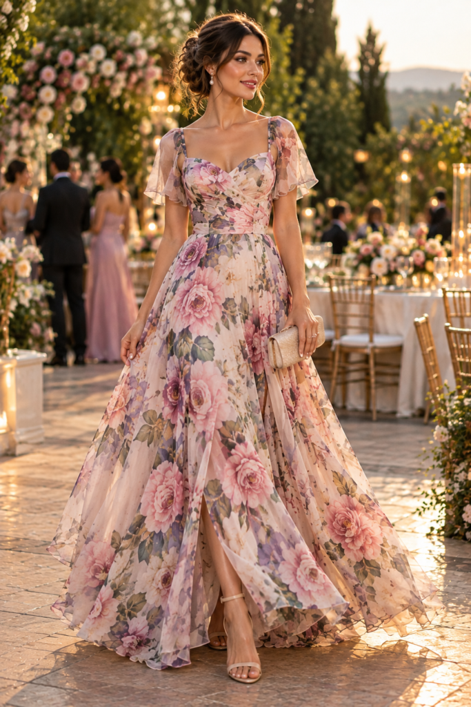 Floral wedding guest dress styled with neutral heels and delicate jewelry.