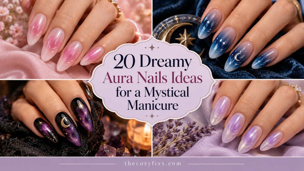 A collage showing four different aura nail designs: pink and white ombré, blue and white with stars, black and purple with moons, and lavender and white.