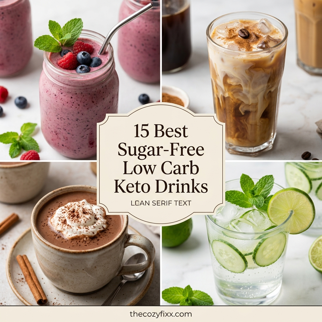 A collage showing four different drinks: a berry smoothie in a mason jar, iced coffee with cream, a hot chocolate with whipped cream, and a cucumber lime water.