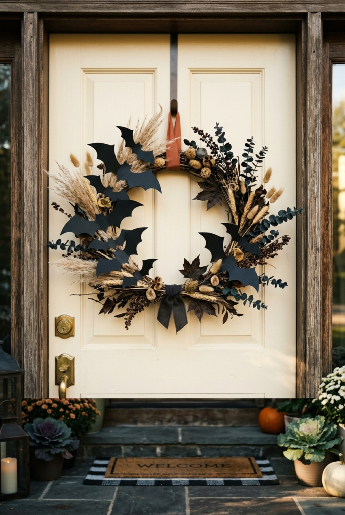 A cream-colored front door features a Halloween wreath with black paper bats, dried grasses, and dark foliage, hanging above a stone porch with pumpkins and a welcome mat.